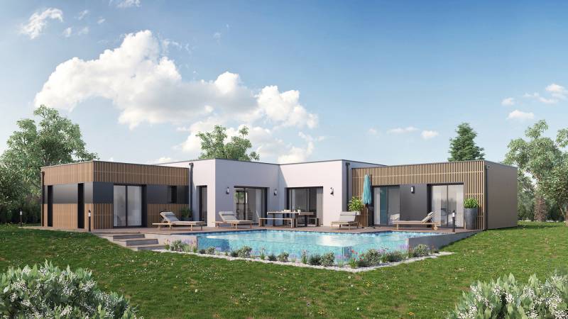 maison cubique à toit plat de plain-pied avec piscine, par Maisons Ericlor