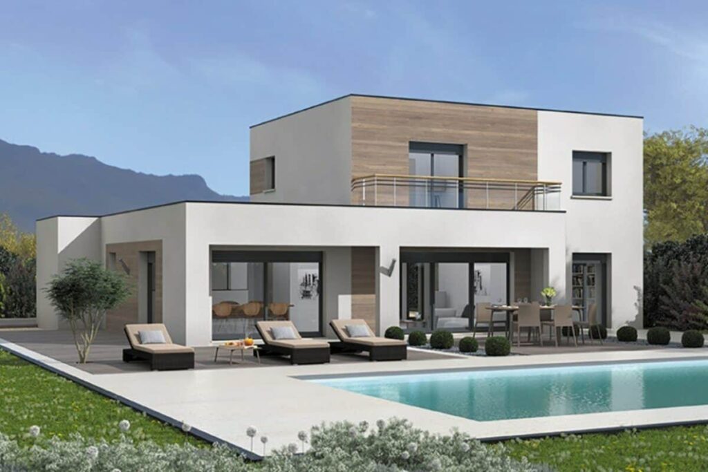 maison cubique avec piscine et grandes baies vitrées - Maisons France Confort
