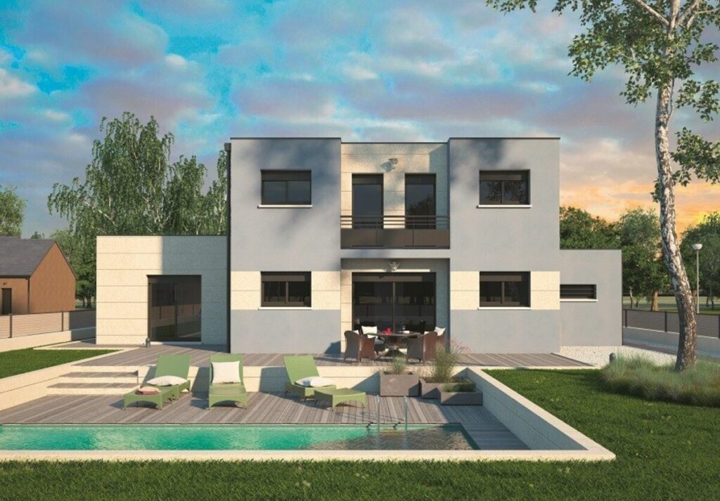 maison contemporaine à étage avec piscine, par le constructeur Maisons Balency