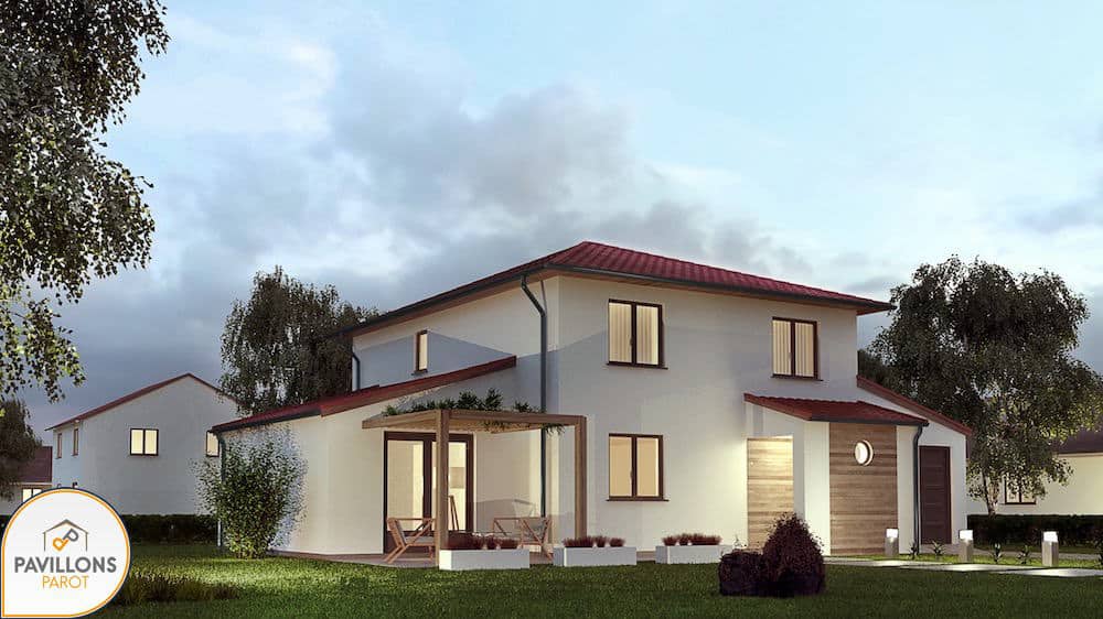 maison contemporaine avec porche d'entrée et pergola dans le 51, par Pavillons Parot