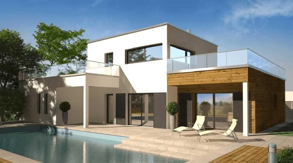 maison cubique avec grandes baies vitrées dans la Loire, par Demeures Caladoises Design