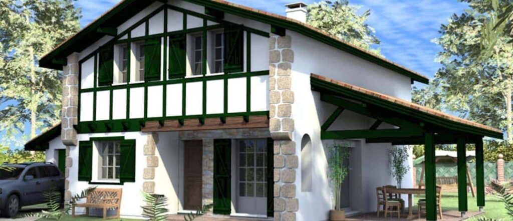 maison basque traditionnelle blanche et verte dans les Pyrénées-Atlantiques, par Maisons Aquitaine