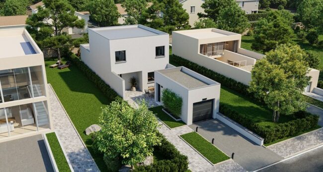 maison cubique à étage avec garage dans les Hauts-de-Seine, par Maisons France Confort