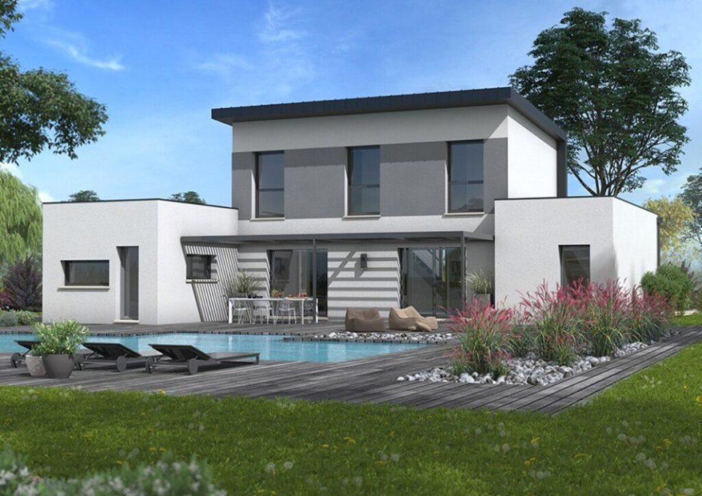 maison à étage en U avec piscine, par le constructeur Maisons Balency
