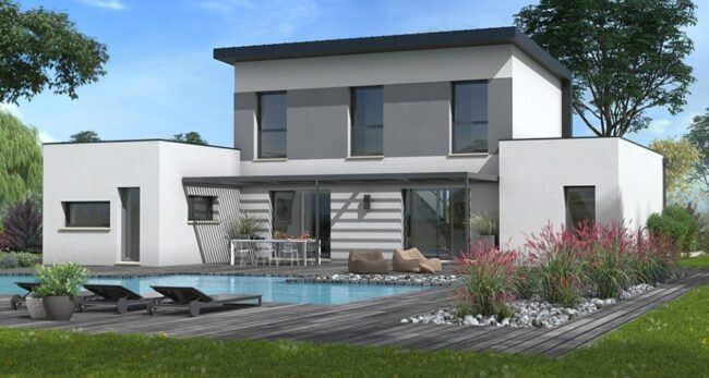 maison contemporaine à étage avec piscine dans la Sarthe, par Maisons France Confort