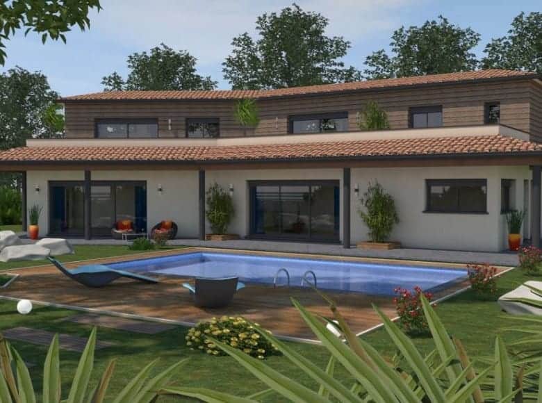 maison contemporaine à étage avec piscine et bardage bois, par les Demeures Occitanes