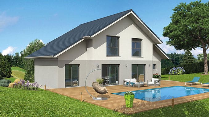 maison à ossature bois avec terrasse et piscine en Eure-et-Loir, par Maison Natilia