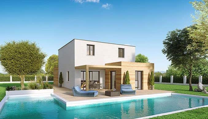 maison cubique avec enduit et bardage bois dans le Jura, par Créa Concept