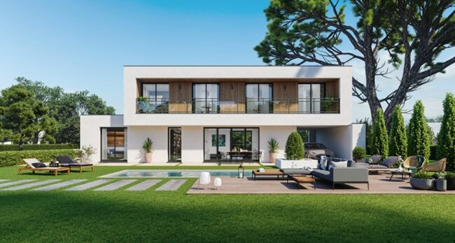 maison cubique contemporaine à étage avec piscine dans le 90, par Maisons France Confort