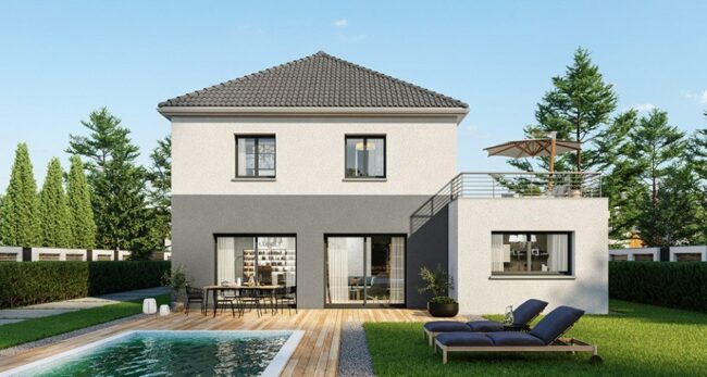 maison contemporaine à étage avec piscine en Mayenne, par Maisons France Confort