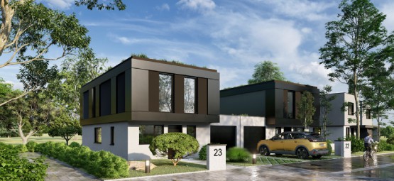 programme neuf avec maisons cubiques accolées par le garage, par Maisons Brand