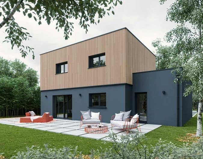 maison moderne avec bardage bois et enduit foncé dans le Maine-et-Loire, par Alliance Construction