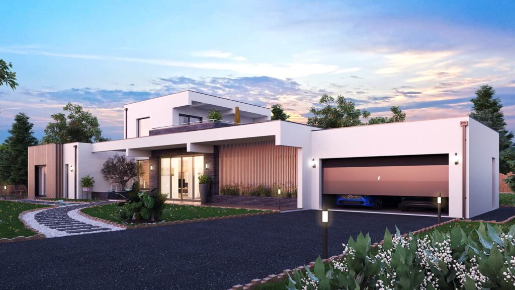 maison moderne à toit plat avec étage et garage dans le 37, par Barraco Construction