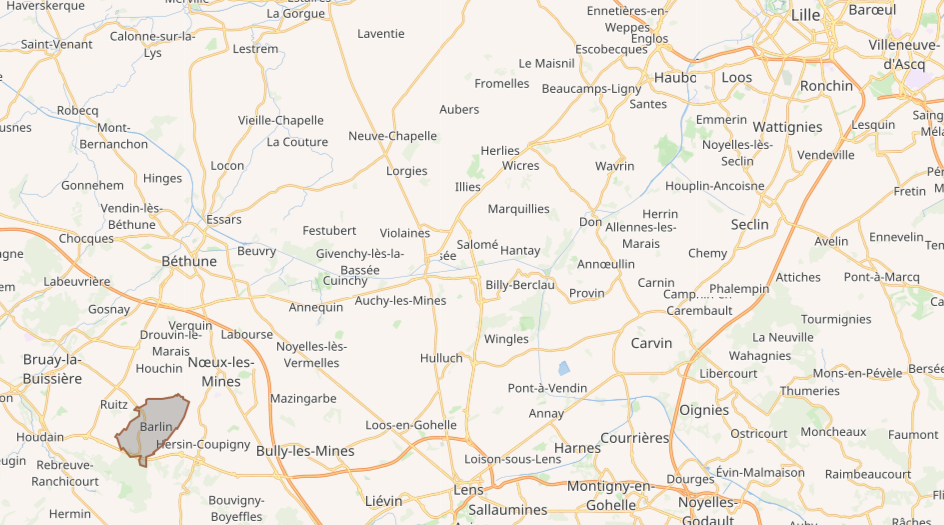situation géographique de la commune de Barlin, dans le Pas-de-Calais (62)