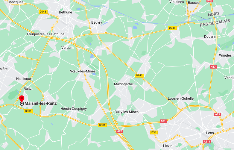 situation géographique de Maisnil-lès-Ruitz, dans le Pas-de-Calais (62)