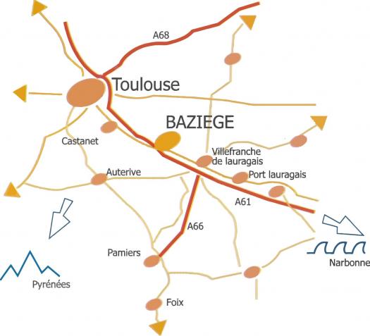 situation géographique de Baziège, en Haute-Garonne (31)