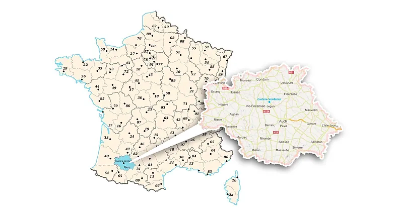 situation géographique de la commune de Castéra-Verduzan, dans le Gers (32)