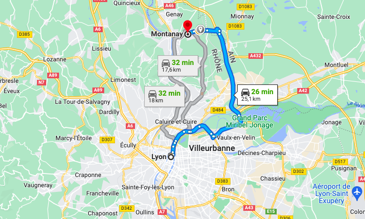 situation géographique de la commune de Montanay, près de Lyon (69)