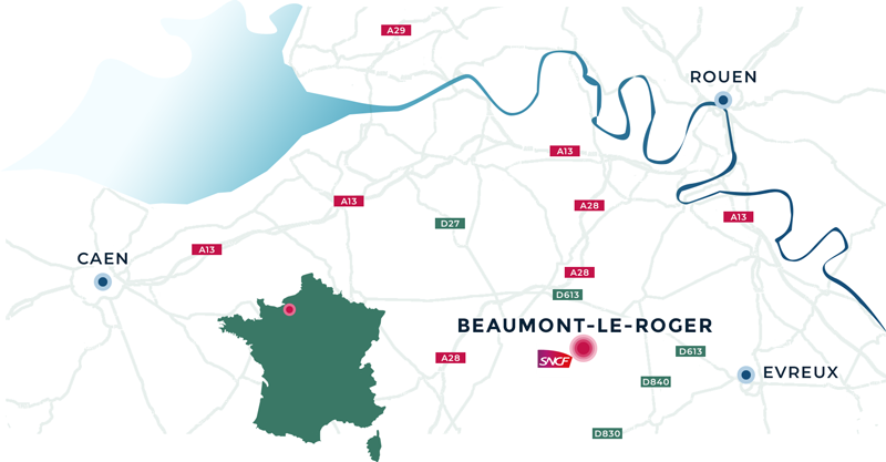 situation géographique de la commune normande de Beaumont-le-Roger , dans l'Eure (27)