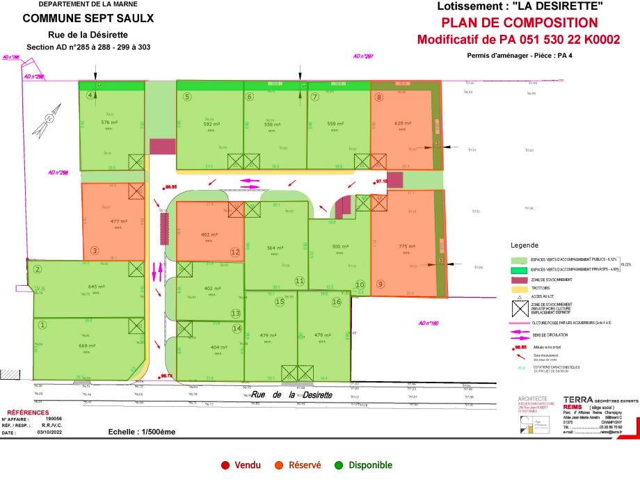 plan des terrains à vendre au lotissement « La Désirette », à Sept-Saulx près de Reims (51)
