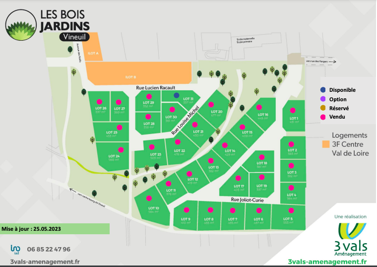 plan des terrains à vendre de la tranche 1 des Bois Jardins, à Vineuil (41)