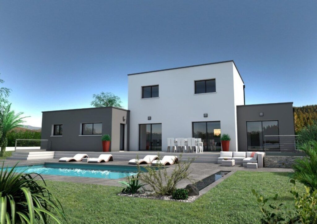 maison contemporaine à étage avec toit plat et piscine, par le constructeur OC Résidences