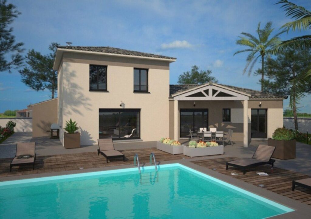 maison à étage avec piscine et pergola, par Maisons Balency