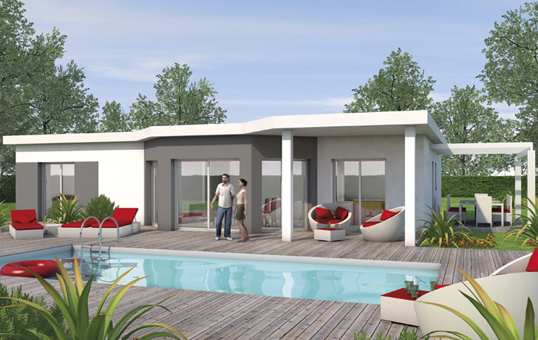 maison moderne à toit plat et piscine, par le constructeur Maisons Batisoft