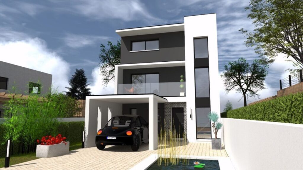 maison moderne à étage avec façades vitrées et carport, par Maisons Évolution