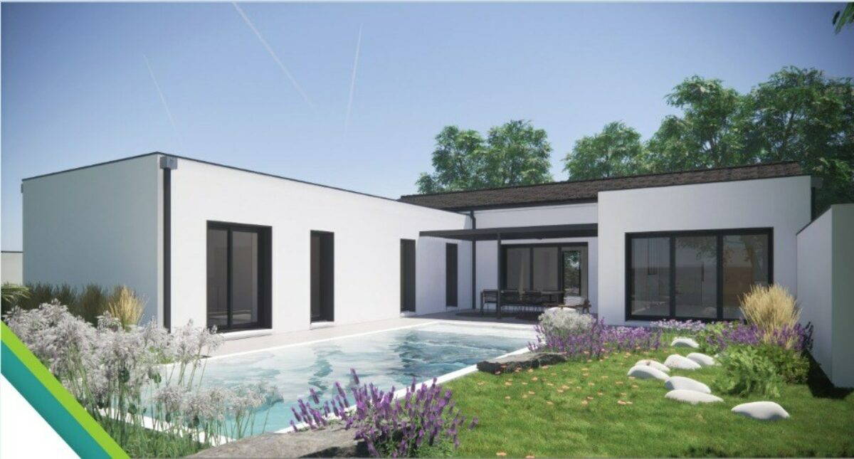 maison cubique en L avec piscine, par Bermax Construction