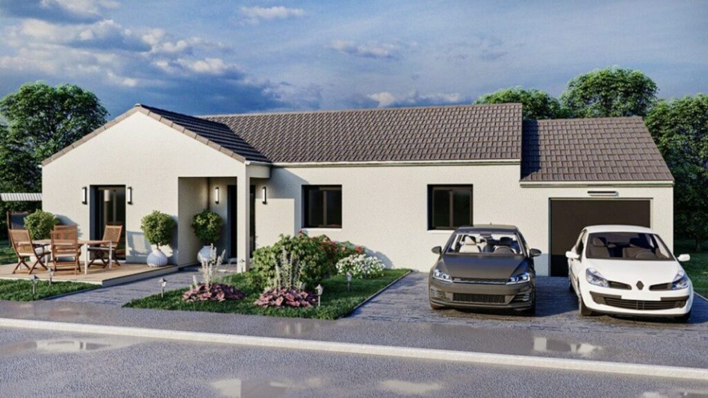 maison traditionnelle de plain-pied, avec garage et terrasse, par Maisons Horizon