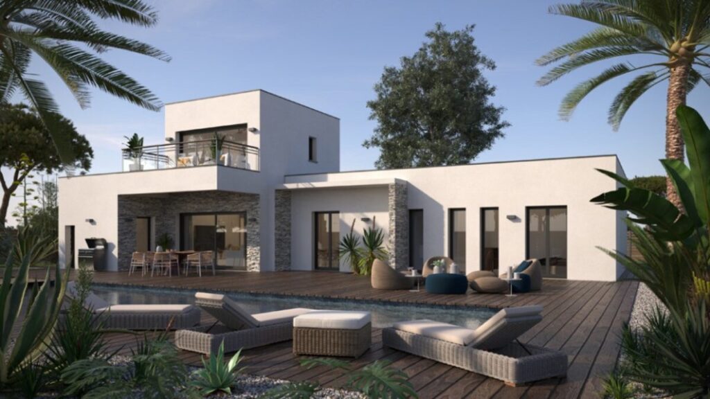 maison cubique à étage avec grandes baies vitrées et piscine, par le constructeur Maisons de Manon