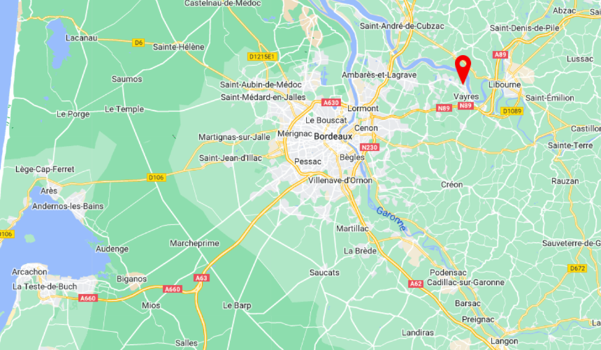 situation géographique de la commune de Vayres, en Gironde (33)