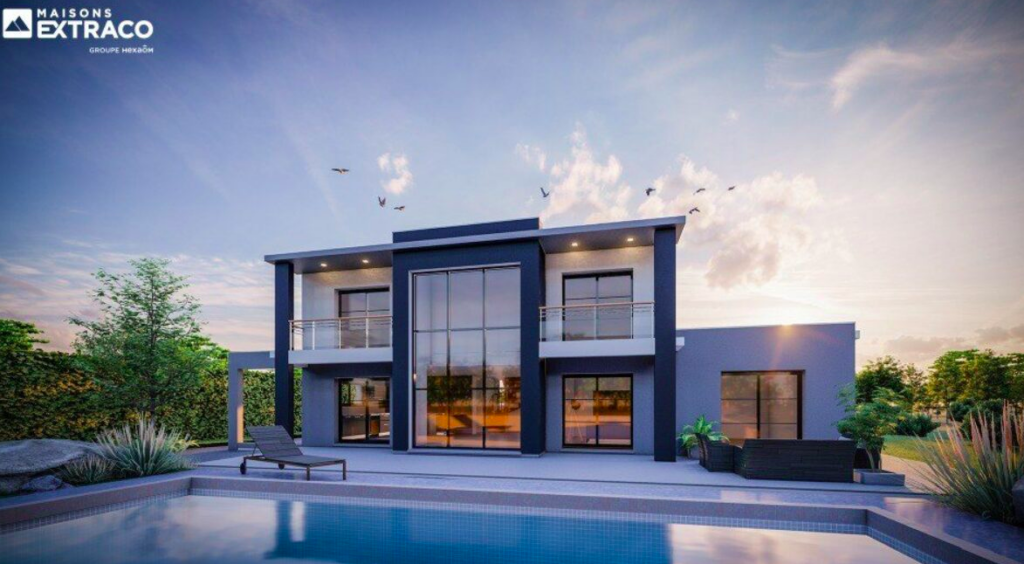 maison cubique à étage avec grandes baies vitrées, par Maisons Extraco