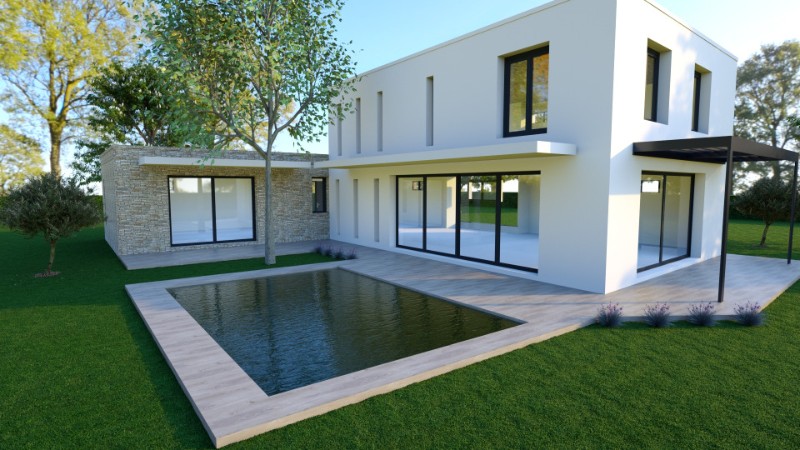 maison contemporaine en L à toit plat, par Maisons Les Bastides