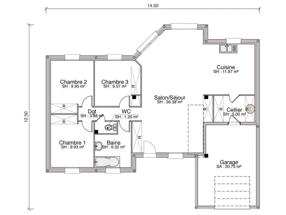 Sélection de plan de maison avec 3 chambres l