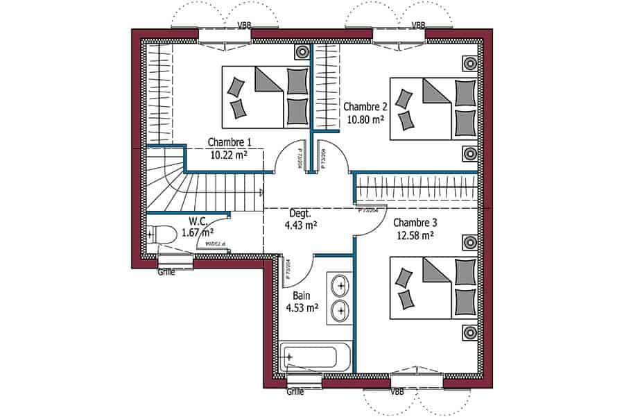 plan de maison 1 étage 3 chambres
