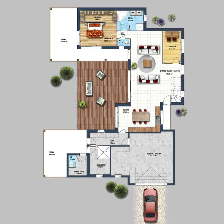 plan de maison en u 4 chambres