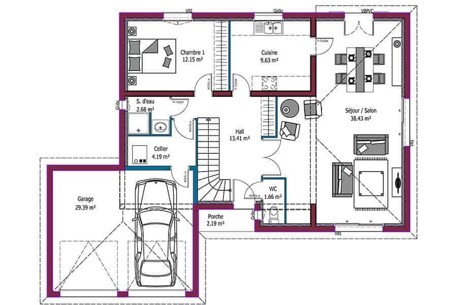 plan de maison 4 chambres salon cuisine douche
