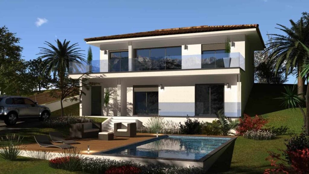 maison contemporaine à étage avec grandes baies vitrées en Haute-Corse, par Maisons Prestige et Tradition